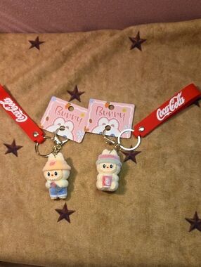 Coca-Cola Bunny Plush Keychain Pair in Cream, Red & Pink Accents